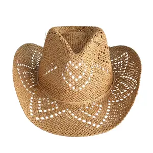 Women Men Summer Straw Hat Hollow-Out Bucket Hats Sun Protection Beach Holiday Sun Cap Cowgirl Hat