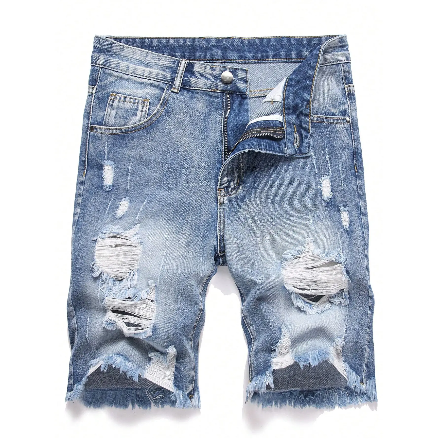 Men's Ripped Distressed Washed Cotton Menswear Denim Shorts - Stylish Print Fabric Casual Bottoms, Jeans, Plain, Polyester