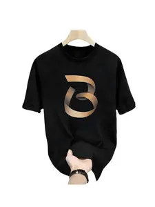 Simple Fashion Metal B Letter Print Fitted Short Sleeve T-Shirt, Comfortable Cotton Fabric, Casual Style, Summer Essential Leisure Wear