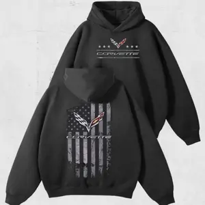 Corvette C7 Hoodie, 2-Sided Flag Graphic Sweatshirt, Vintage Racing Pullover for Sports Car Lovers