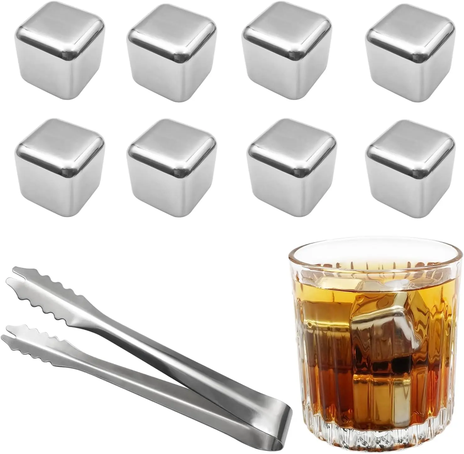 Whiskey Stones 8 Pack,Reusable Ice Cubes, High Cooling Technology，Stainless Steel Ice Cubes, For Whiskey, Vodka, Liqueurs, Wine,Beverage Juice or Soda, Pack of 8