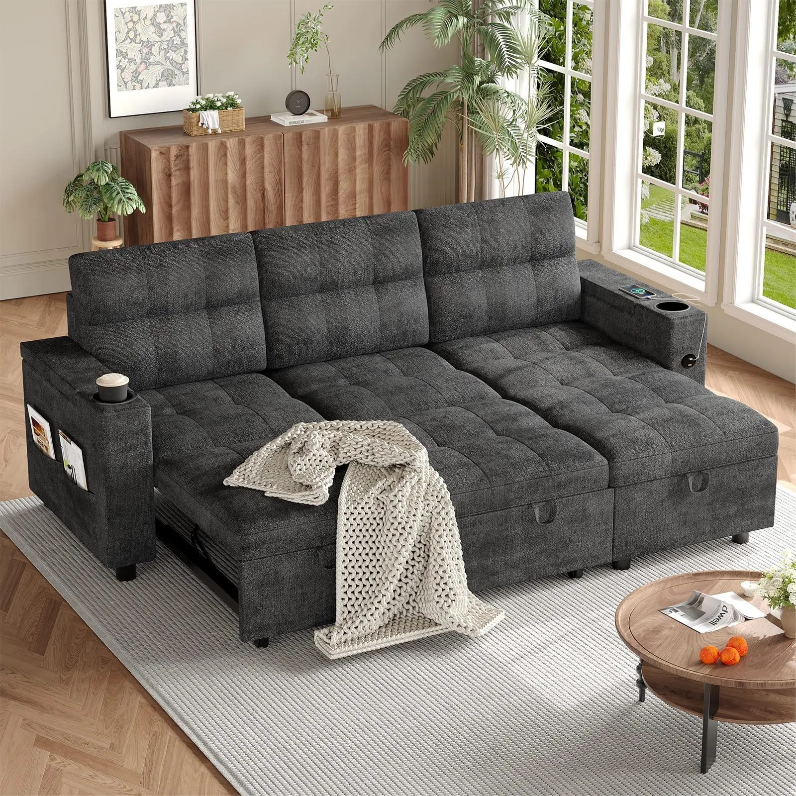 Garvee Velvet Sectional Sofa Bed with Chaise Lounge, Convertible Sleeper Couch with Pull-Out Bed, Storage Armrest, Cup Holders, USB-A & USB-C Ports, Perfect for Living Room Comfort and Functionality