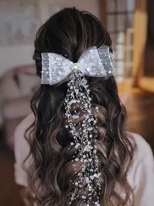 Elegant Crystal Tassel Hairband, Handmade Bow Clip for Weddings & Parties, All-Season Plain Design Accessory
