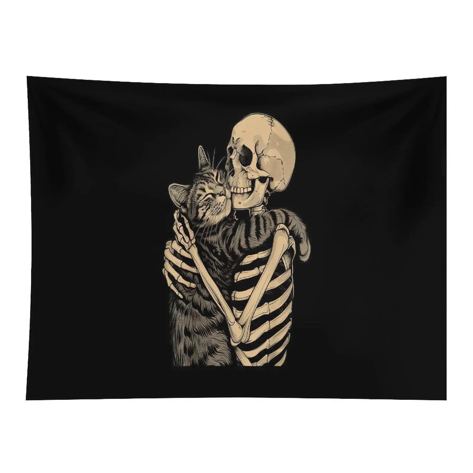 Skeleton Hugging Cat Tapestry Gothic Cat Lover Wall Hanging, Dark Art Skull Kitty Tapestry for Bedroom Decor