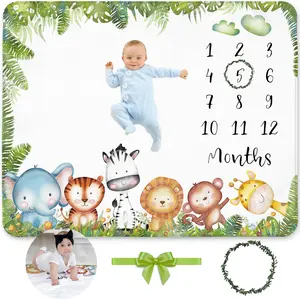 Baby Monthly Milestone Blanket for Boys – Includes Wreath, Safari Nursery Animals Theme, Perfect for Monthly Photos, 50x40 Inches