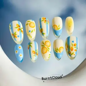 Aura Nails - 296 Sea Salt Lemon Press on Nails Citrus, Roman Vibes, Fresh, Custom Hand-painted