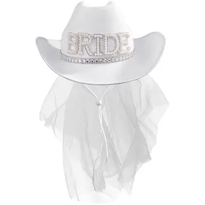 Bride White Cowboy Veil Hat Pearl Rhinestone Wedding Cowgirl Hat Bach Bachelorette Hen Party Bridal Shower Decoration Gift Beaded