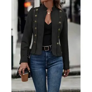 Office Blazer: Plain Elegant-Casual Style with Double Buttons & Zipper Closure