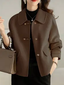 French Fashion Women's Autumn Winter Thicken Woolen Coat, Ladies Short Jacket, Elegant Casual Loose Double-Sided Floral Tweed Long Sleeve Pockets Outerwear