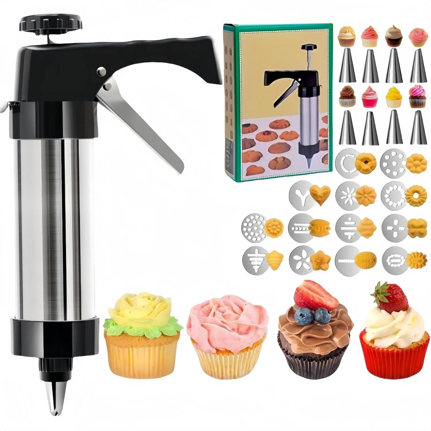 MIUVA Stainless Steel Cookie Press Gun Kit, Baking Supplies Kit with 8 Piping Tips & 13 Discs - Easy-to-Use Detachable Bakeware Utensils, Black Value Pack for DIY Baking, Valentine's Day Gift