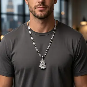Unisex Hip Hop Jesus Pendant Necklace, 3D Detailed Design, Stainless Steel Cuban Chain, Minimalist Personalized Name Jewelry
