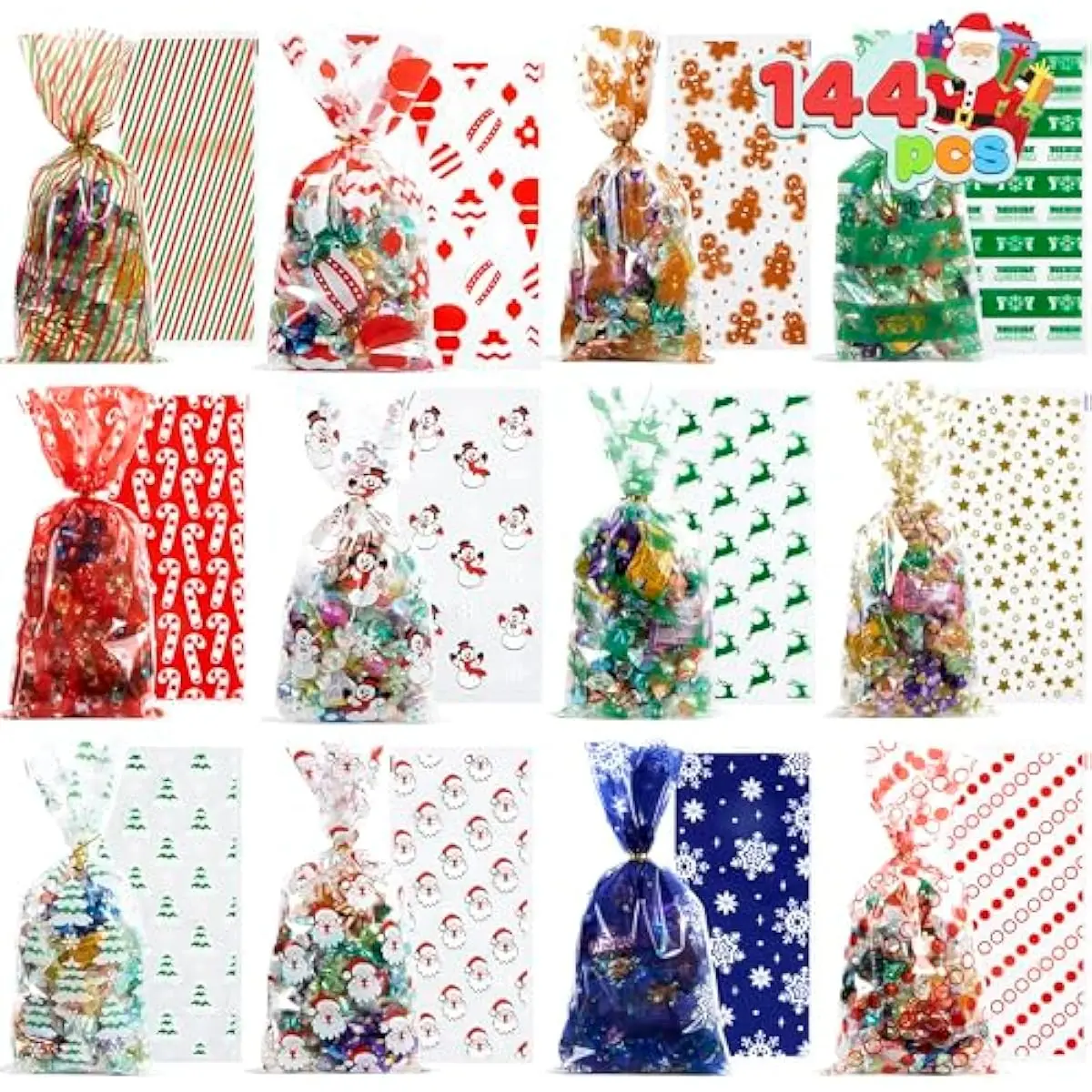 144 PCS Christmas Cellophane Bags with Ribbon for Holiday Treats, Christmas Clear Cello Gift Candy Cookie Bags for Party Favors, Festivals Presents, Party Supplies (11 X 5)