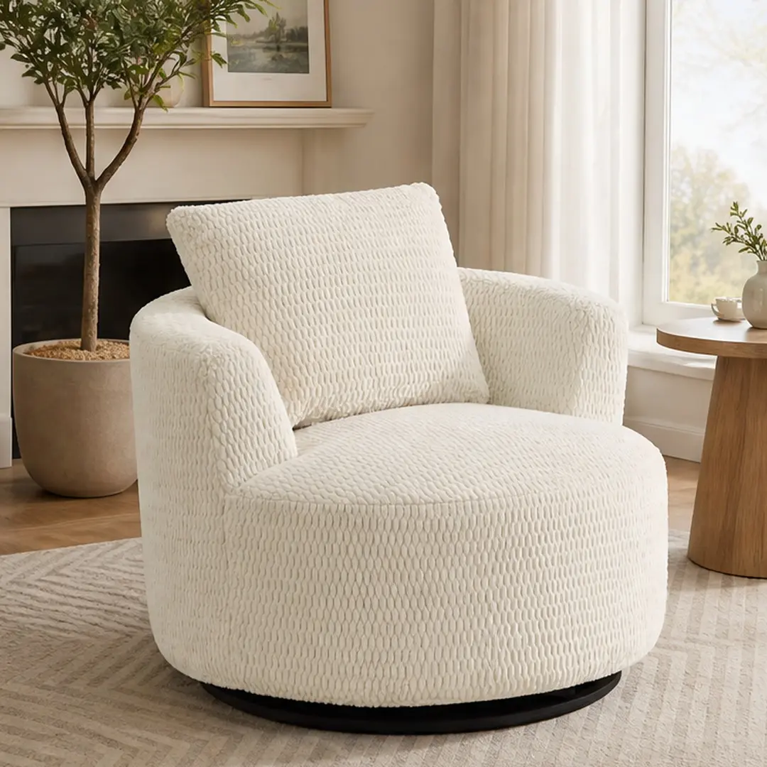 ARCH Faux Fur Furry Accent Chair - Compressible, 360° Swivel, Modern Upholstered Comfy Chair with Plush Sponge & Pocket Spring Support, Cream, for Living Room, Reading Nook, Single Box Indoor Furniture, Modern Upholstered Chair
