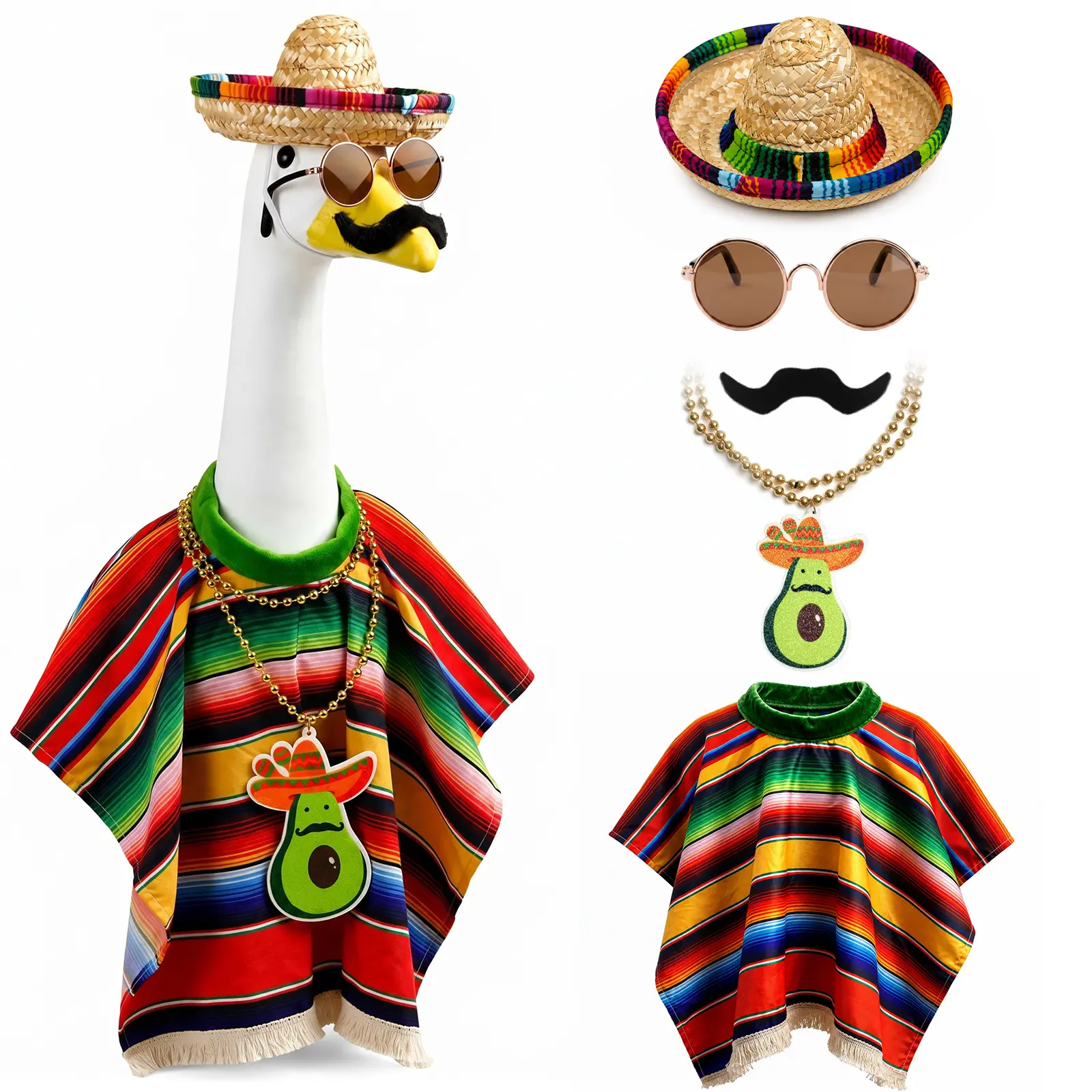 5-Piece Mexican Fiesta Garden Goose Statue Decor Costume Set Colorful Poncho Outfit with Sombrero Sunglasses Mustache Avocado Necklace & Accessories