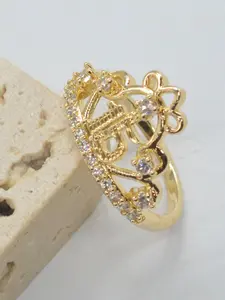 14k Gold Plated Crown Shape Ring for Women, 15th Birthday Gift, Elegant Glittering Ring, Elegant Diamond-Embedded Design, Perfect for Parties and Gifts