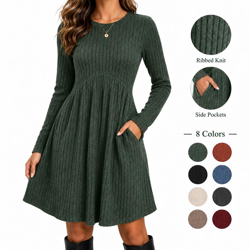 Wiholl Fashion Long Sleeve Dress for Women Crew Neck Empire Waist Tunic Dress with Pockets