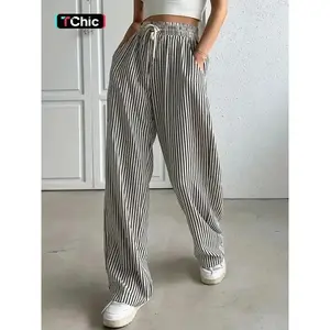 Women's Striped Print Drawstring Waist Wide Leg Pants, Casual Pocket Trousers for Summer, Women's Bottoms for Daily Wear(gift)