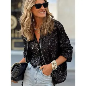 Sparkly Baseball Jacket for Young Women, Stylish Zipper Closure, Full Sequins, Perfect for Parties and Everyday Wear, Suitable for All Seasons