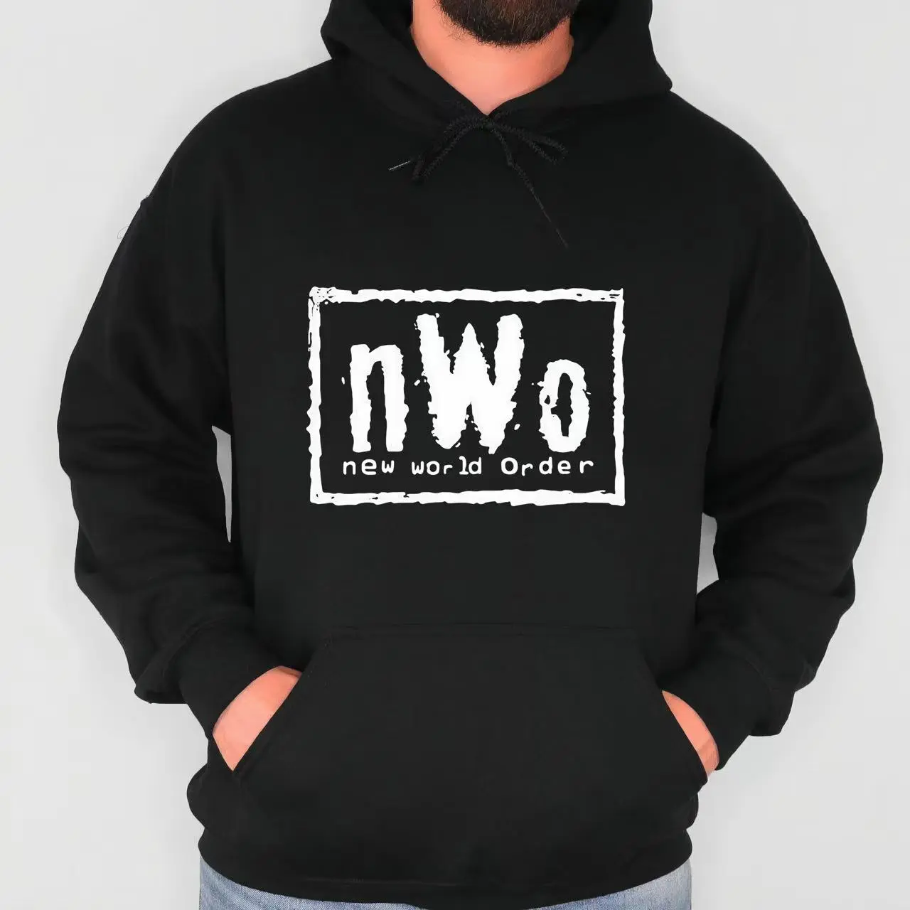 Classic Pullover Hoodie with Retro nWo New World Order Graphic, Unisex 90s Look Long Sleeve Top in a Soft Cotton Blend Fabric, Tops, Retro Style, Casual Ootd, Short, Scoop Neck, Male, Comfy Ootd, Sweatshirt, Menswear, Short Sleeve, Digital Print, Graphic,