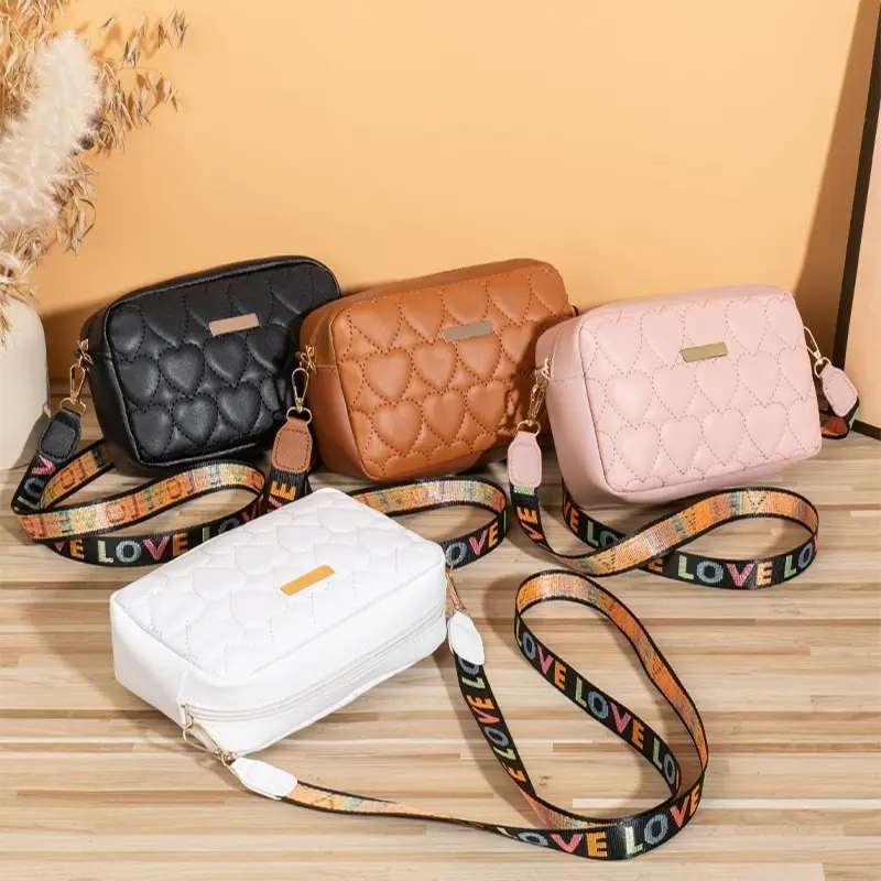 Women's Mini Crossbody Bag with Heart Embroidery, Casual Shoulder Purse with Adjustable Strap, Small Everyday Handbag