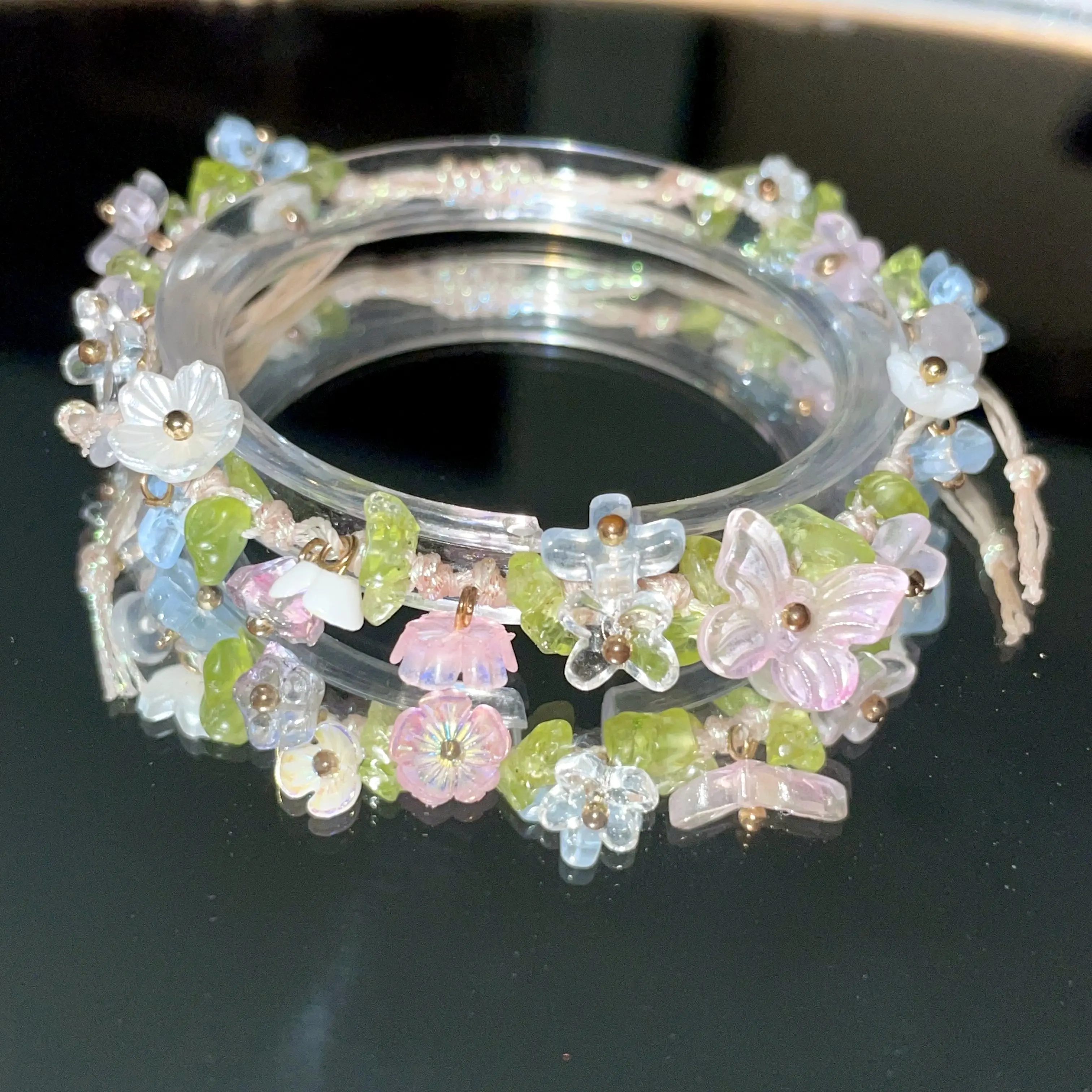 Handmade Adjustable Macrame Crystal Rough Stone Woven Little Pink Flower Bracelet