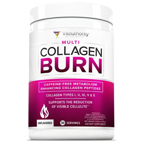 Vitauthority Hydrolyzed Collagen Burn Powder for Cellulite & Skin - Caffeine-Free Multi Collagen Peptides for Women - Types I II III V & X - 30 Servings - Unflavored