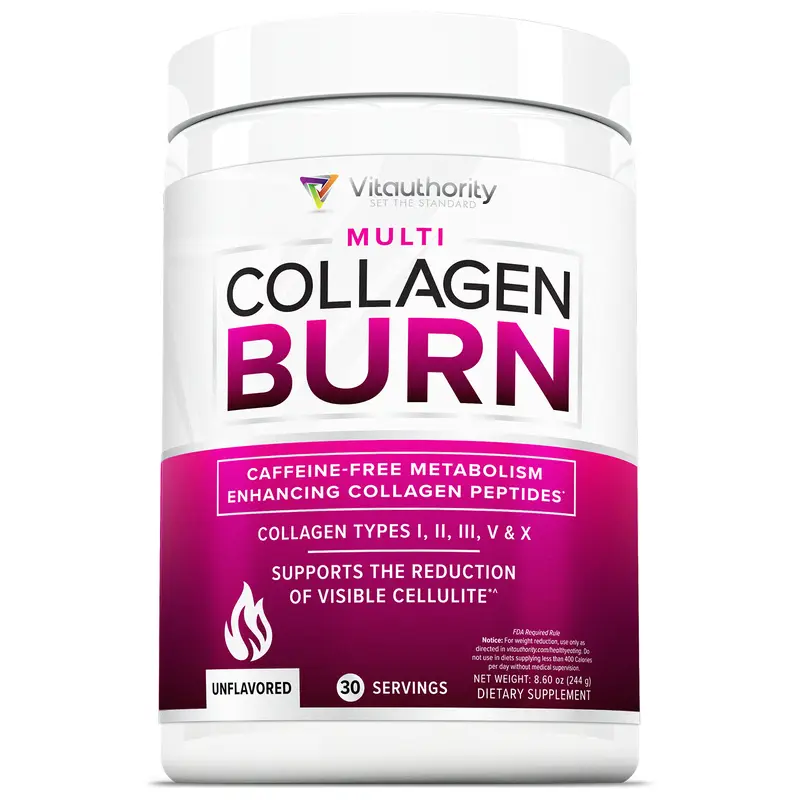 Vitauthority Hydrolyzed Collagen Burn Powder for Cellulite & Skin - Caffeine-Free Multi Collagen Peptides for Women - Types I II III V & X - 30 Servings - Unflavored
