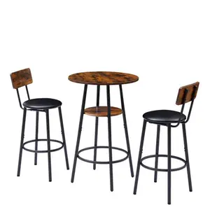 3-Piece Bar Table Set , Small 2-Tier Round Bistro Pub Dining Table & PU Upholstered Stools with Backrest, Counter Height Table and Chairs Set for Kitchen Small Space