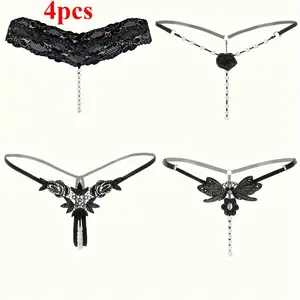4pcs enticing lace thongs, low waisted open crotch transparent G-shaped with pendant pearls, women's sexy lingerie and underwear