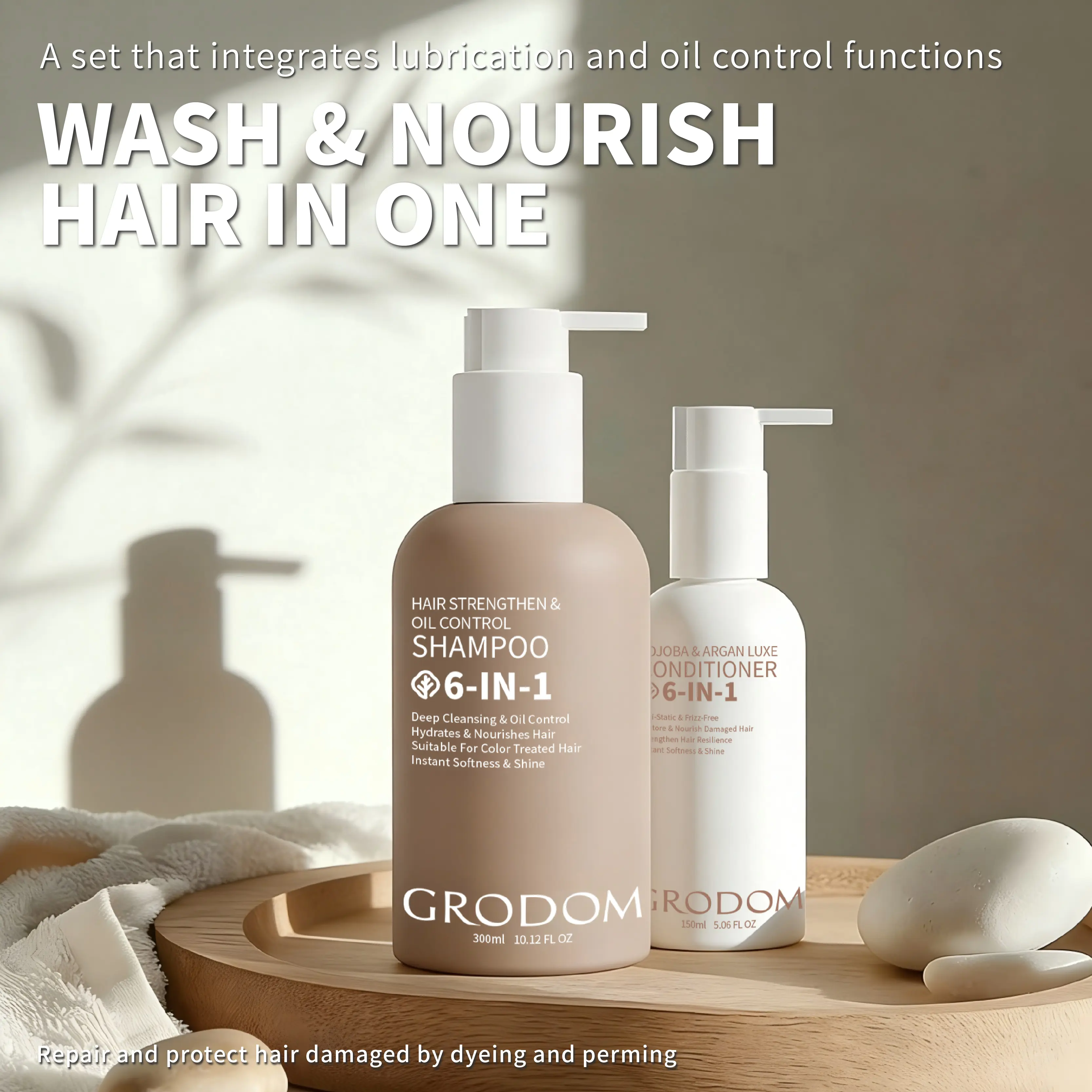 GRODOM Unisex Amino Acid Haircare Shampoo & Conditioner Set (300ml+150ml) - Biotin-Infused, Sulfate-Free, Alcohol-Free Gentle Cleanser with Argan Jojoba Oil, Moisturizing, Anti-Hair Loss Support, Deep Repair for Color-Treated Locks, Dandruff Treatment
