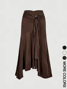 Women's High Waist Midi Skirt, Womenswear Bottoms, O-Ring Tie Front Detail, Ruched Back Waist, Asymmetric Flared Ruffle Hem, Smooth Draped Knit Fabric, Daily Commute Date Evening Party Wear, Vintage Elegant French Chic Aesthetic Style
