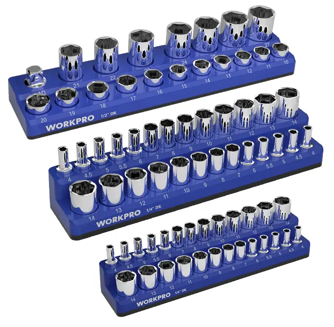 #fathersdaygift WORKPRO Magnetic Socket Organizer Set, 3-Pack Holder Set Includes 1/4", 3/8" and 1/2" Drive Metric Socket Trays, Holds 75 Pieces Standard and Deep Sockets