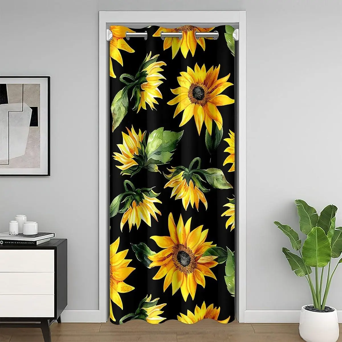 Sunflower Door Curtain Doorway Privacy Yellow Flowers Pattern Closet Door Cover Curtain Floral Print Botanical Print Black 30%-50% Room Darkening Blackout Curtain