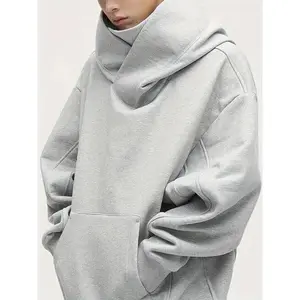 Men's Casual Solid Black High-Neck Hoodie - Cozy Polyester Blend, Loose Fit with Kangaroo Pocket, Perfect for Fall & Winter Wear, Oversized Hoodie