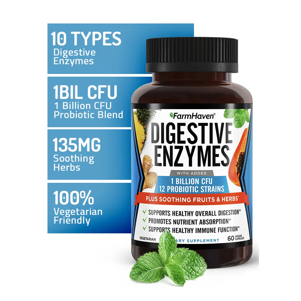 FarmHaven Digestive Enzymes with 18 Probiotics & Herbs | Papaya, Bromelain, Protease & More for Lactose Absorption & Better Digestion | Helps Bloating