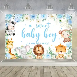 1Set Safari Baby Shower Backdrop for Boy A Sweet Baby Boy is On His Way Backdrop Blue Jungle Animals Background Floral BabyShower Banner with Giraffe Elephant for Welcome Baby Gender Reveal