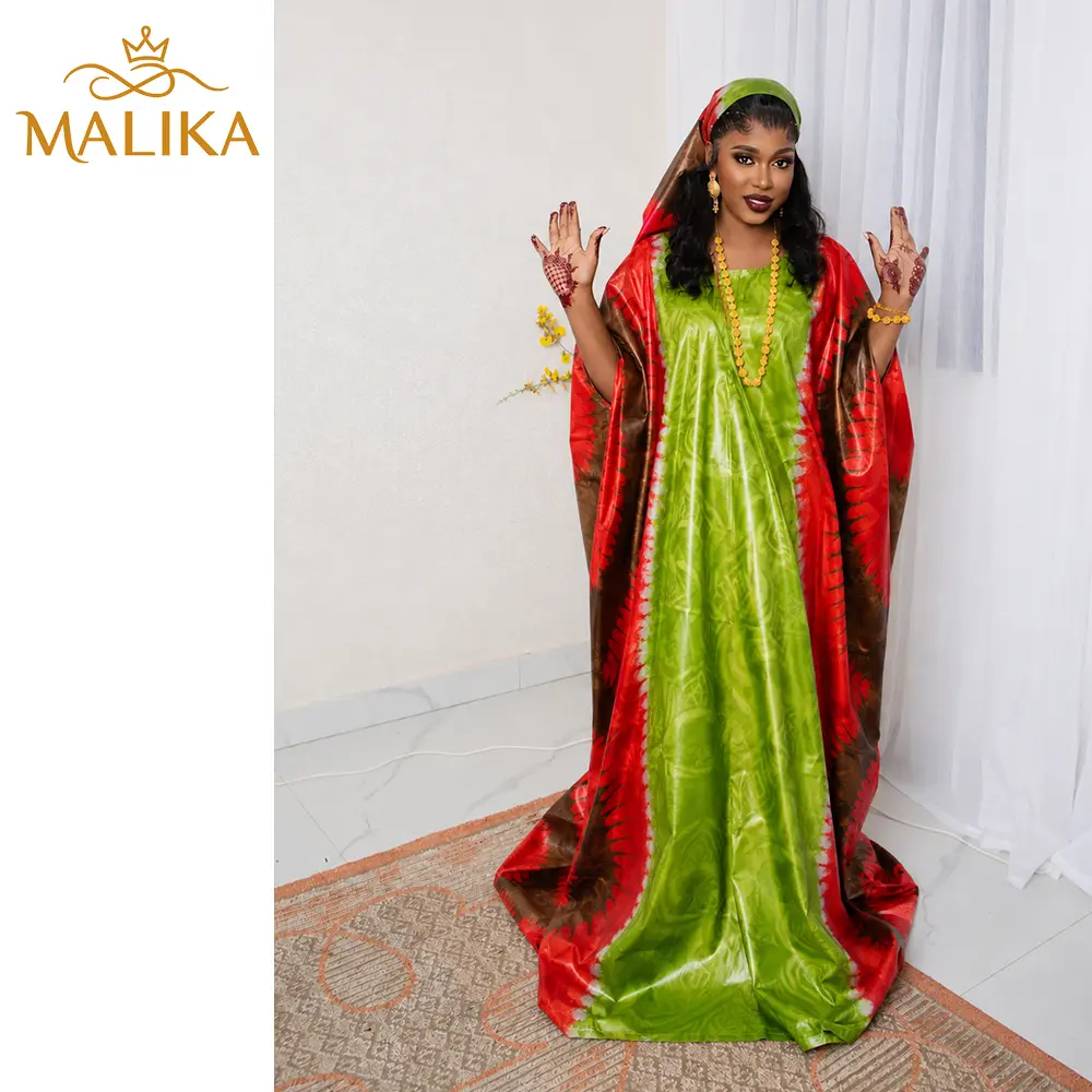 Women's African Traditional Jacquard Bazin Riche Graphic Print Modest Wedding Boubou Gown - Cowl Neck, Batwing Sleeves, Included Scarf, Lady, Long Robe, Straight Gown, Classic Formal Dress
