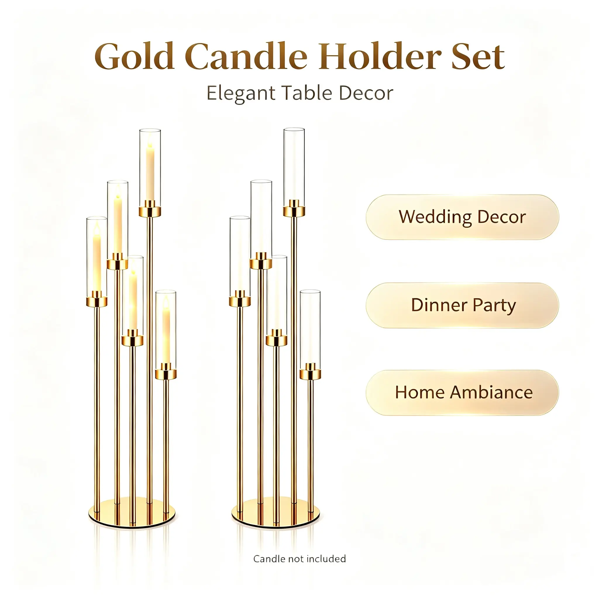 Gold 5-Arm Metal Candle Holder with Acrylic Shade - 1/2 Pcs, 42.5" Tall Ornate Candelabras for LED Taper Candles, Gold Decor Metal Series, Wedding Home Decor, Romantic Bedroom Accessories, Gold Candle Holders