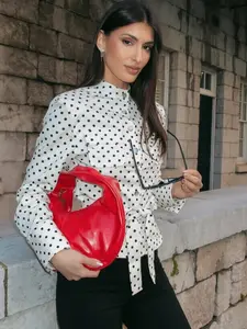 Polka Dot Jacket Women Button Long Sleeve Women's Cropped Spring Jacket Fitted Shirt Style Jackets Elegant Woman Top Streetwear Tied Belt Jackets For Women Casual Chic Outerwear White Black Jacket