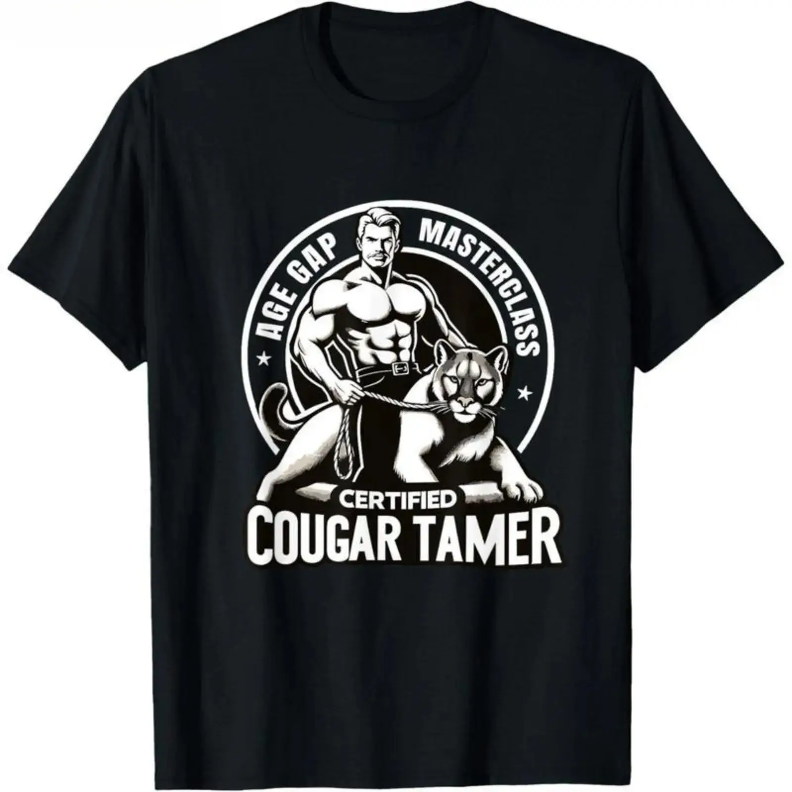 Unisex Cougar Tamer Graphic Sports T-Shirt, Short-Sleeve Crew Neck, Sarcasm on Display Conversation Spark Apparel, Relaxed Fit Casual Streetwear, Black/White, Up to 3XL, Shortsleeve, Menswear