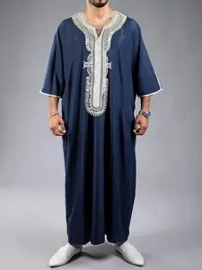 Men's white lace trim long robe Traditional Arabic Robe