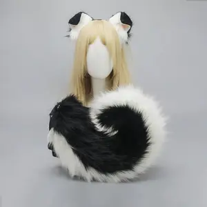 4 Styles Faux Fur Animal Ears and Tail, Halloween Cosplay Costume Accessories for Adults and Teens Handmade Dog Ear Headband and Bendable Tail Set