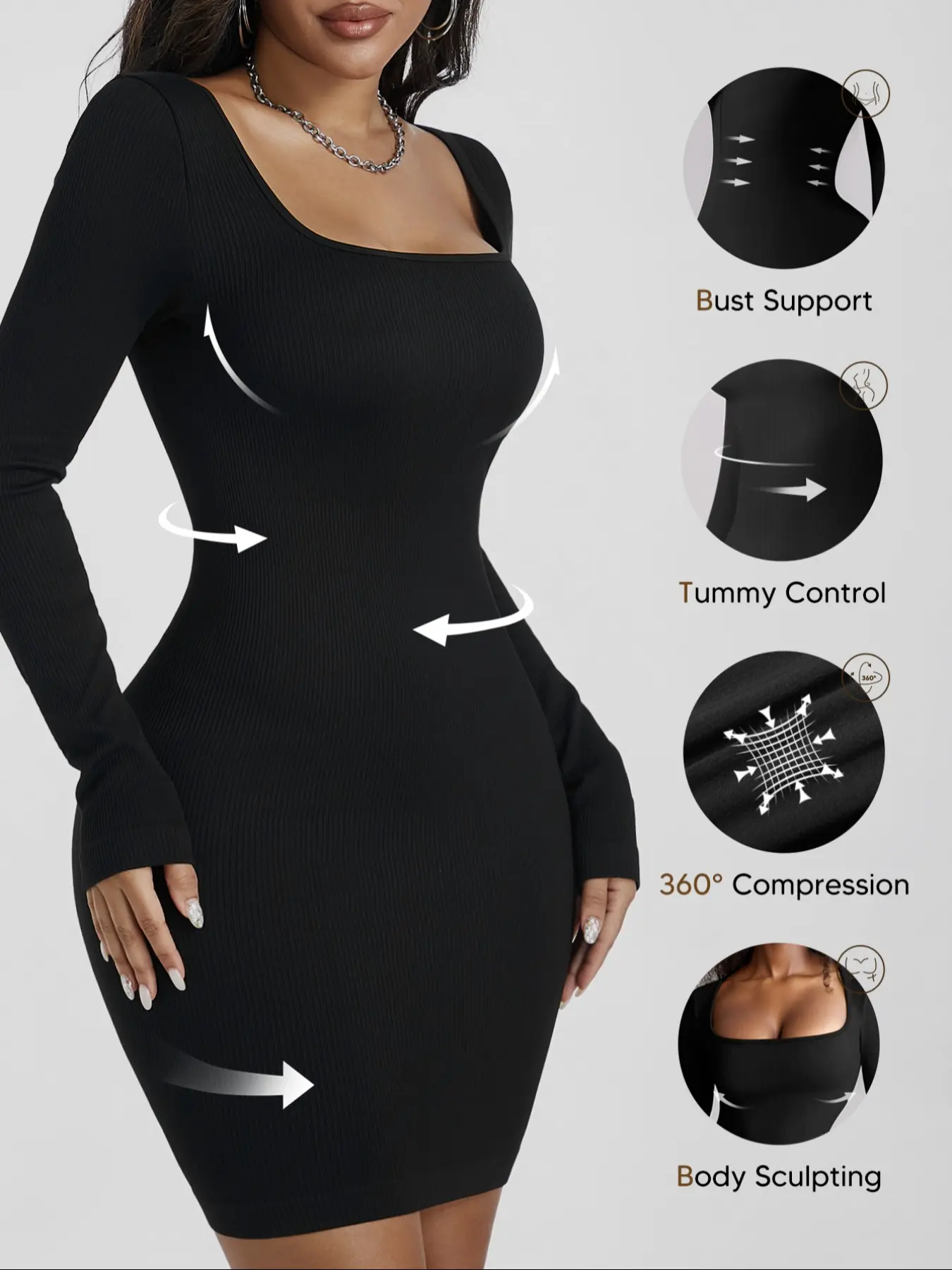 Women's Light Control Square Neck Long Sleeve Casual Party Shaper Dress, Ribbed Knit Body Sculpting Mini Dress, Tummy Control & Butt Lift, & Burgundy, Soft, Compression, Womenswear, Shapewear