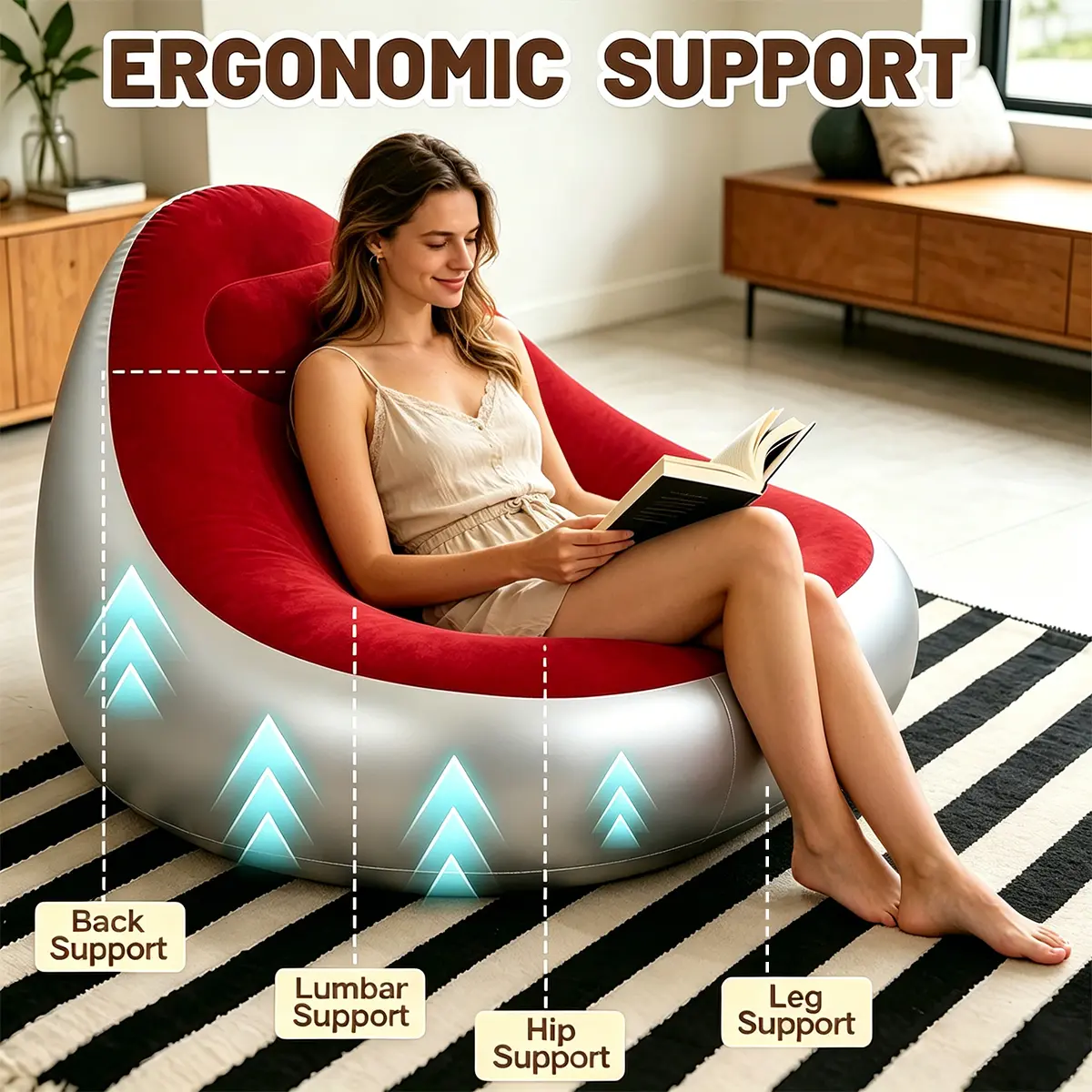 Adult inflatable lazy sofa with ottoman, flocked fabric, foldable blow-up lounge chair, space-saving indoor/outdoor set with portable air pump