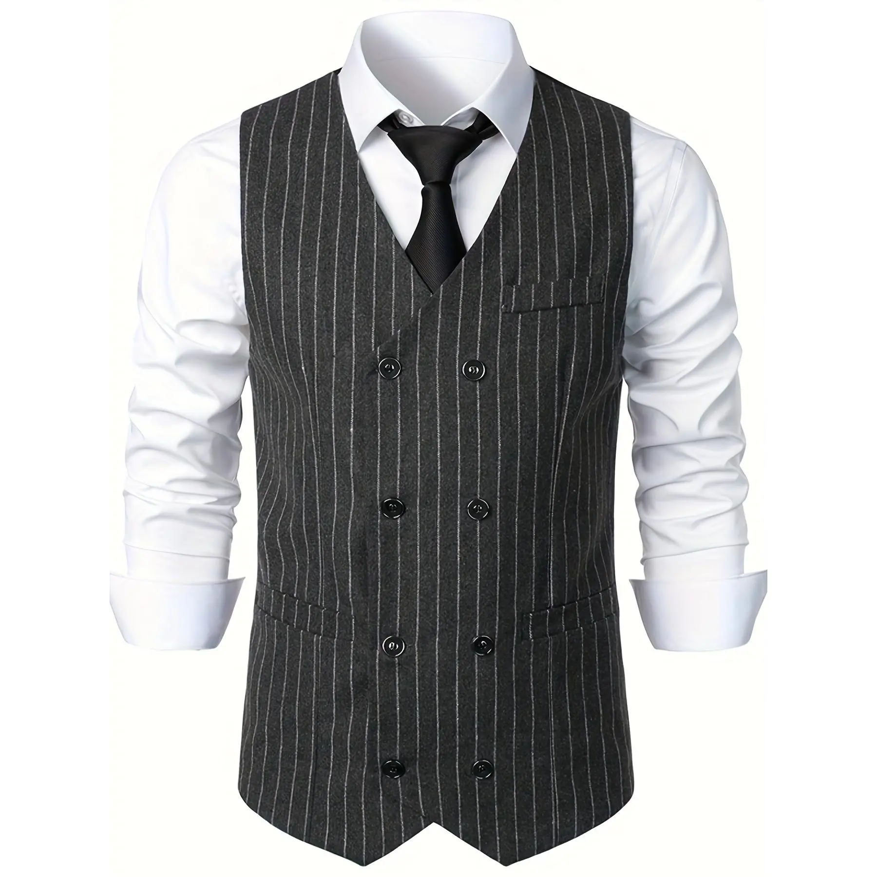 Men's British-Style Striped Waistcoat - Menswear Double-Breasted Slim-Fit V-Neck Sleeveless Button-Front Vest with Fake Pockets, Casual Polyester-Spandex Fabric, Dry Clean Recommended