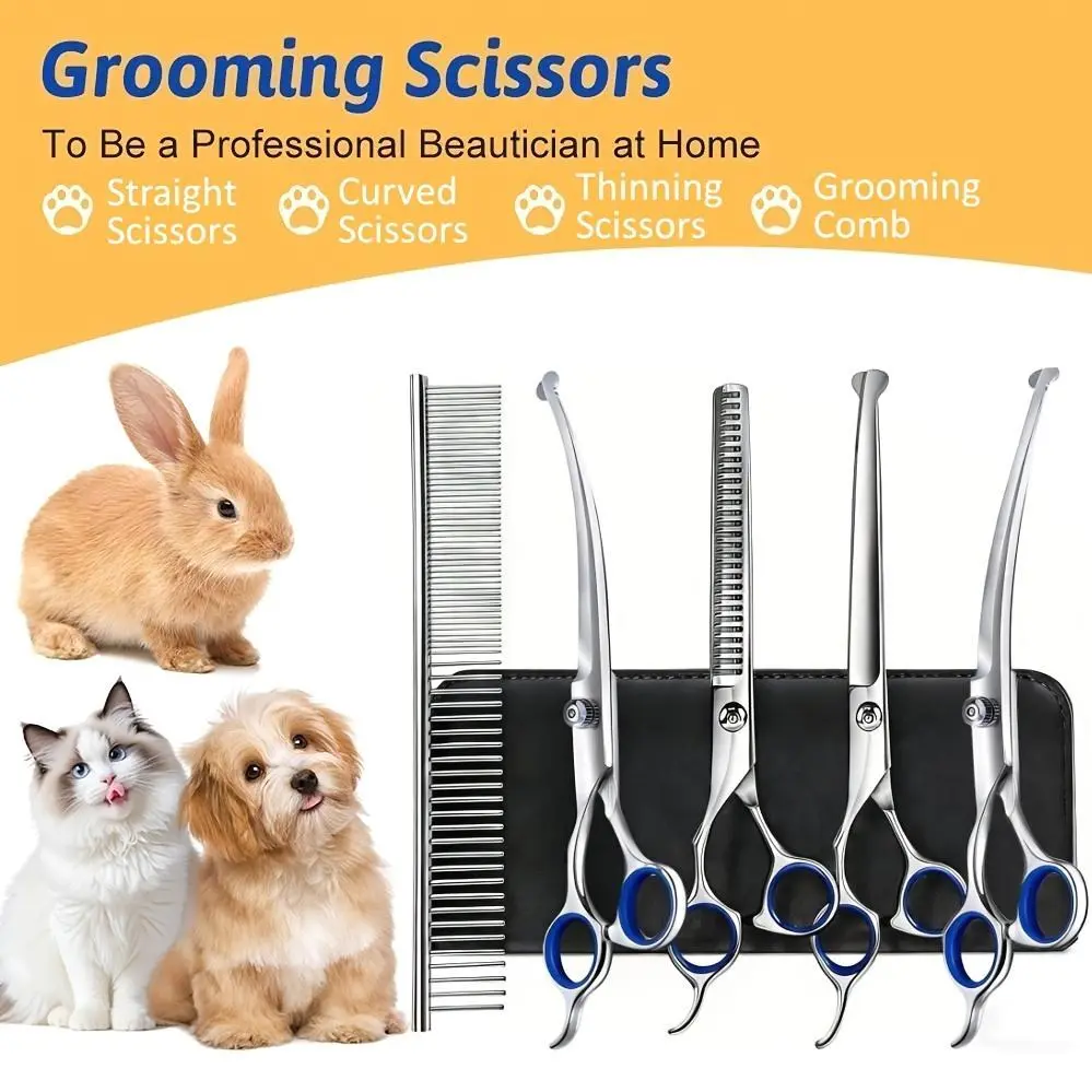7-in-1 Professional Stainless Steel Dog Grooming Scissors With Safety Round Tip, Titanium Coated Heavy Duty Dog & Cat Grooming Scissors Set With Straight & Thinning & Curved Scissors & Comb, Pet Grooming Scissors Kit For Dogs, Cats & Other Animal