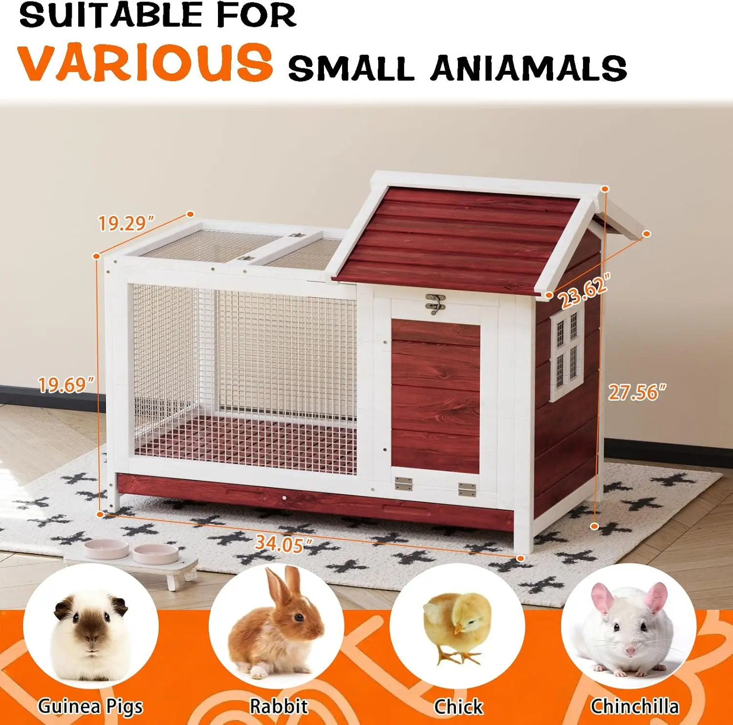 GAOMON White Wooden Rabbit Hutch - Indoor-Outdoor Small Animal Enclosure for Rabbits, Chinchilla, Guinea Pigs, with Removable Wire Netting, Weatherproof Design, Anti-Chew Metal Frame Ramp, Wooden Kennel, Large Interior, Portable Bunny Playpen, Transparent