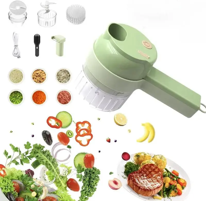 4-in-1 Electric Food Chopper Set, Multi-Functional Handheld Processor with Dual Beaters for Eggs & Cream + Cleaning Brush, Wireless Vegetable Slicer & Meat Grinder for Garlic, Salad Prep, Kitchen Gadgets
