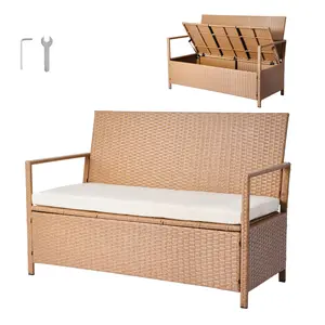 【Summervibes】VEVOR Outdoor Storage Bench, 2-Person PE Rattan Storage Bench, 70 Gal Deck Box with Cushion, Supports up to 265 lbs, Outdoor Seating & Porch Decor for Patio Garden Balcony Yard