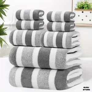 8pcs set, no hair loss, super absorbent, super soft two-color striped interval bath towel combination, including 2 large bath towels, 2 large face towels, 4 hand towels